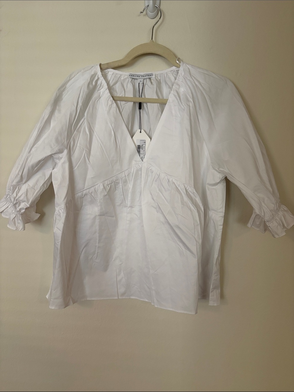 English Factory White V-Neck Peasant Blouse with Ruffle Sleeves